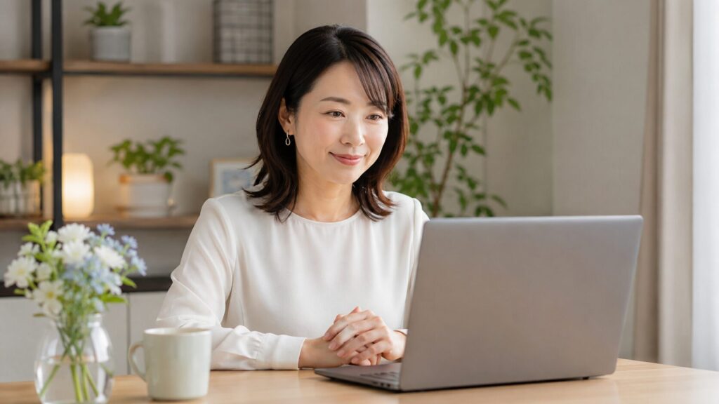 自宅からオンライン婚活イベントに参加する日本人女性