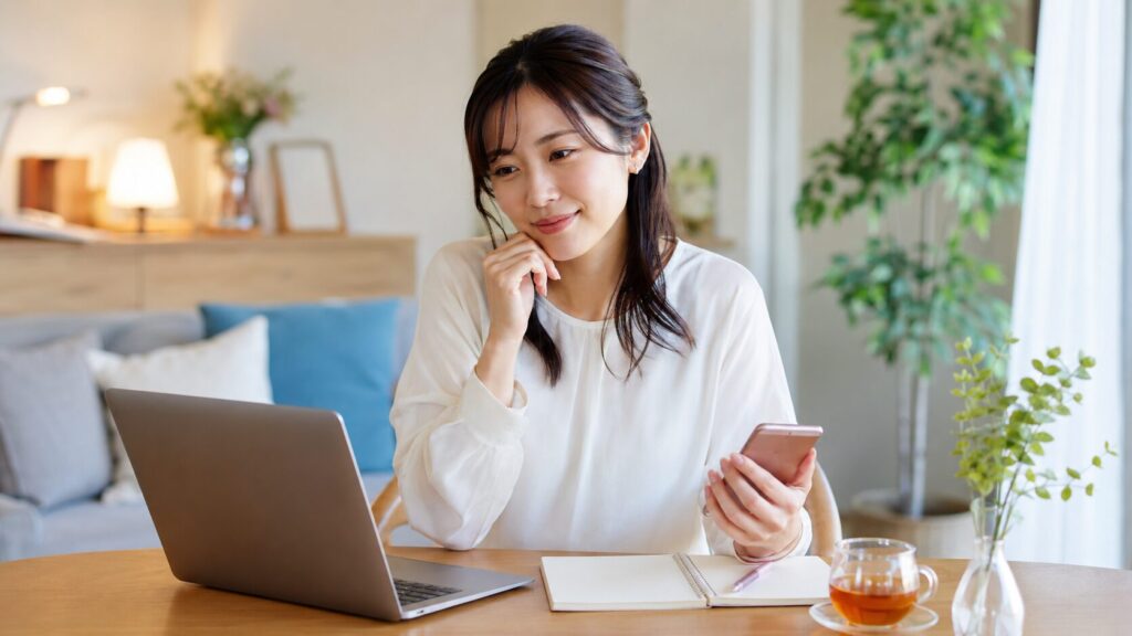 大阪の婚活イベントをスマホで調べる日本人女性