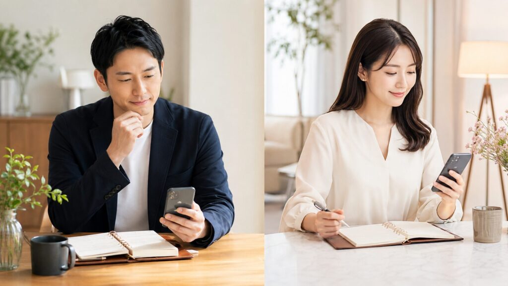 仮交際中の初デートでカフェで会話する日本人カップル
