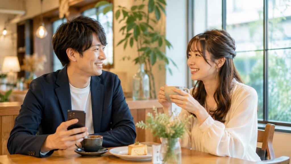 お見合い成立後にスマホと手帳で日程調整をする日本人男女