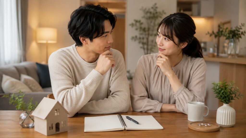 真剣交際中に結婚後の住まいや将来設計を話し合う日本人カップル
